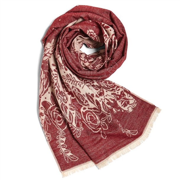 Женский шарф &quot;Полина&quot; Женский шарф бежевого цвета с принтом красного цвета и узорами в виде цветов.Материал: 100% полиэстер.Размер: 180 см (длина) х 53 см (ширина).Произведено в Китае.