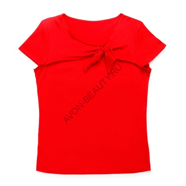 Женская футболка размер 44-46, красный Женская футболка свободного кроя с декоративным бантом.Материал: 68% полиэстер (полиэфир), 32% хлопок. ТрикотажПредставлено в 2-х цветах: красный и синий с принтом в полоску синего и белого цветов.