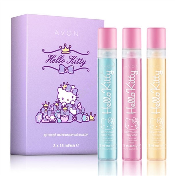 Детский парфюмерный набор Этот подарок надолго запомнится Вашей маленькой принцессе!Набор содержит:1. Детская туалетная вода "Фруктовая сказка" Avon Hello Kitty (15 мл).2.