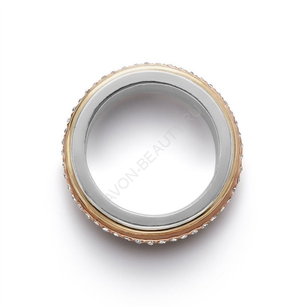 Кольцо &quot;Кэлис&quot; размер 8 (17,5-18 мм) 56345 Кольцо с тремя видами покрытия – золотистое, цвета «розового золота» и посеребрение. Средняя часть кольца вращается, украшена вставками из бесцветного стекла.